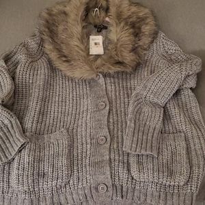Faux Fur Collar Cardigan Sweater